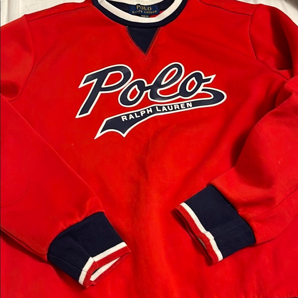 Polo sweater red and navy blue with white